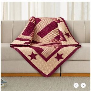 Farmhouse Burgundy Star Printed Quilted Throw Blanket Primitive Cottage Plaid